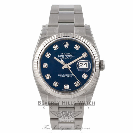 Rolex Datejust 36mm Stainless Steel White Gold Fluted Bezel Blue Diamond - Beverly Hills Watch Store