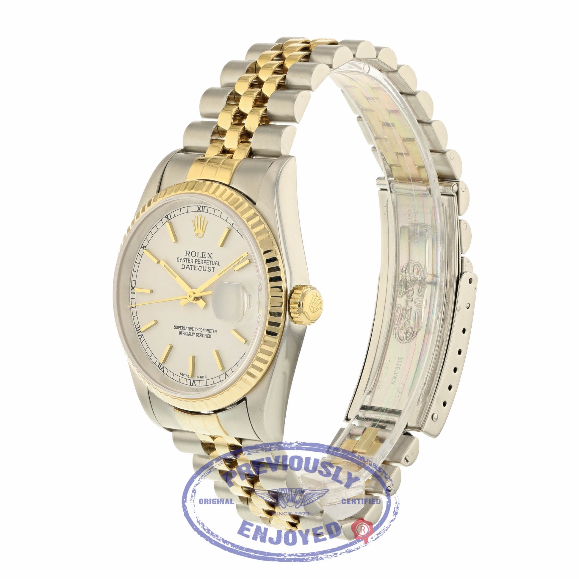 Rolex Datejust 36MM 18k Yellow Gold Stainless Steel Fluted Bezel White Dial Index Markers 16233 1EJPR9 - Beverly Hills Watch Company