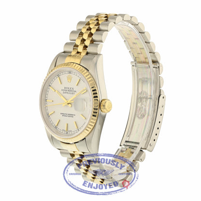 Rolex Datejust 36MM 18k Yellow Gold Stainless Steel Fluted Bezel White Dial Index Markers 16233 1EJPR9 - Beverly Hills Watch Company