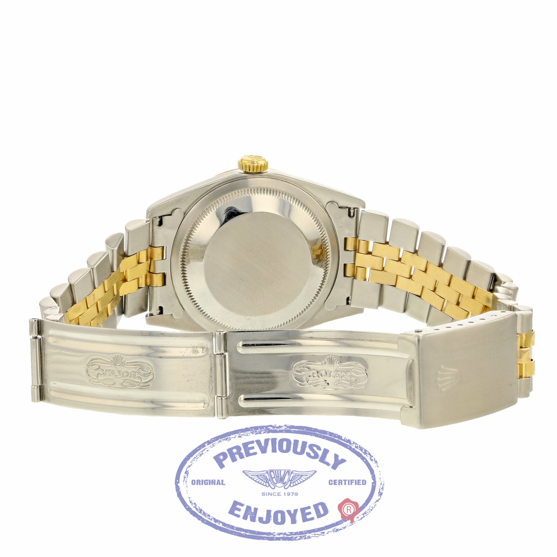 Rolex Datejust 36MM 18k Yellow Gold Stainless Steel Fluted Bezel White Dial Index Markers 16233 1EJPR9 - Beverly Hills Watch Company