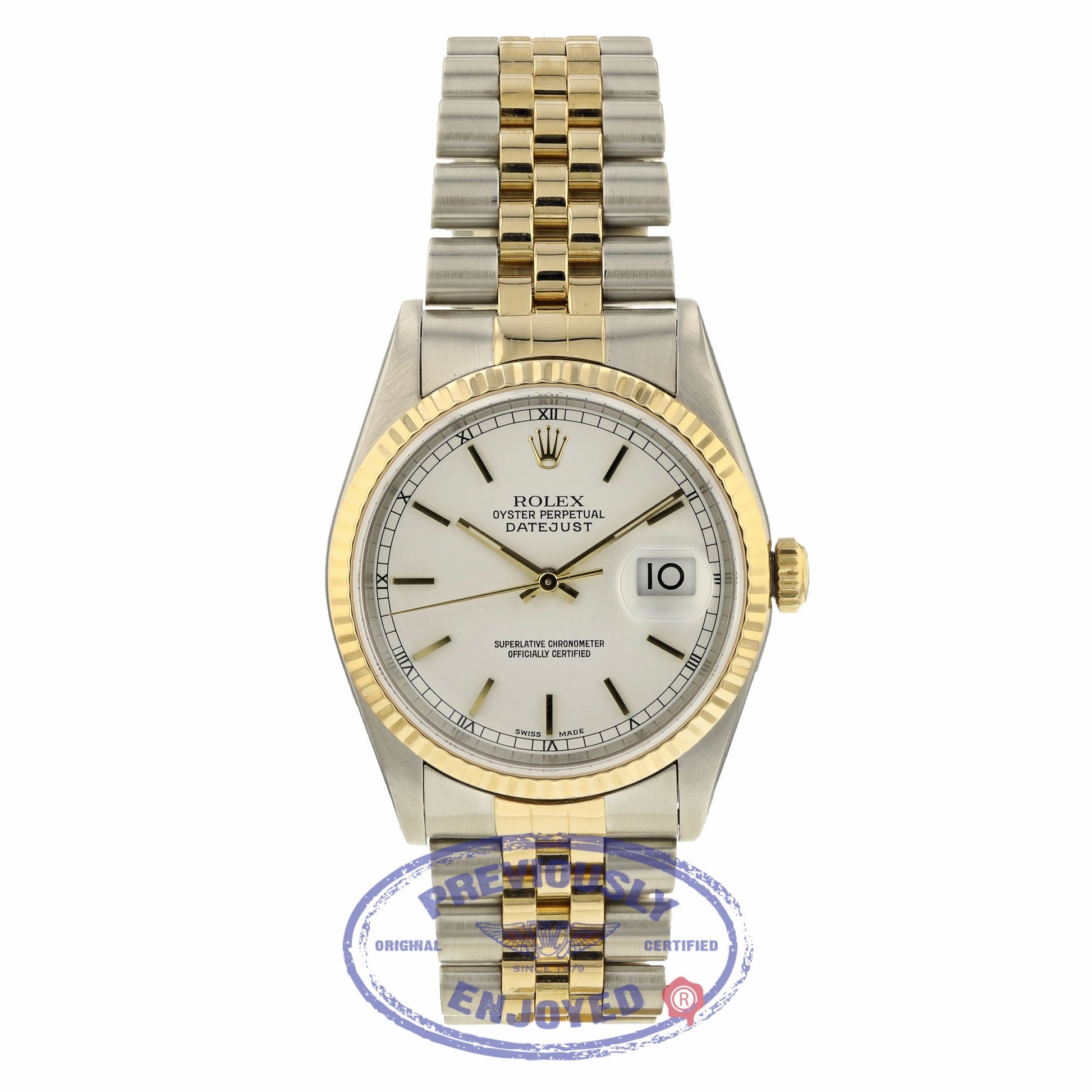 Rolex Datejust 36MM 18k Yellow Gold Stainless Steel Fluted Bezel White Dial Index Markers 16233 1EJPR9 - Beverly Hills Watch Company