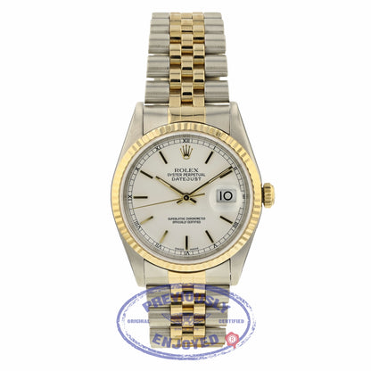 Rolex Datejust 36MM 18k Yellow Gold Stainless Steel Fluted Bezel White Dial Index Markers 16233 1EJPR9 - Beverly Hills Watch Company