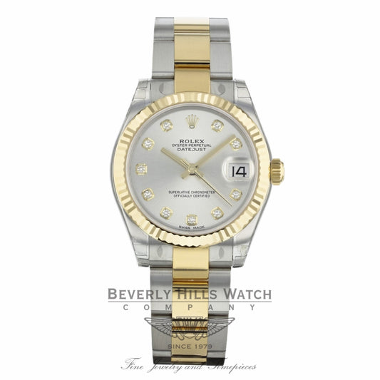 Rolex Datejust 31MM Stainless Steel 18k Yellow Gold Silver Diamond Dial Oyster Bracelet 178273 8P860N - Beverly Hills Watch