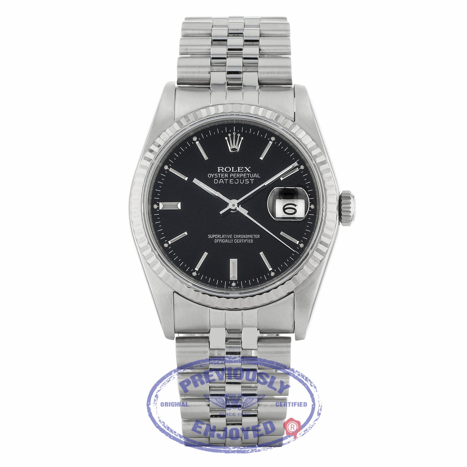 Rolex Datejust 36MM Stainless Steel 18k White Gold Fluted Bezel Black Dial Jubilee Bracelet 16234 PKW2Q2 - Beverly Hills Watch Company