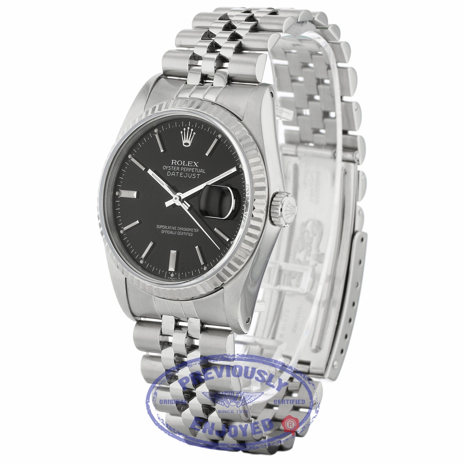 Rolex Datejust 36MM Stainless Steel 18k White Gold Fluted Bezel Black Dial Jubilee Bracelet 16234 PKW2Q2 - Beverly Hills Watch Company