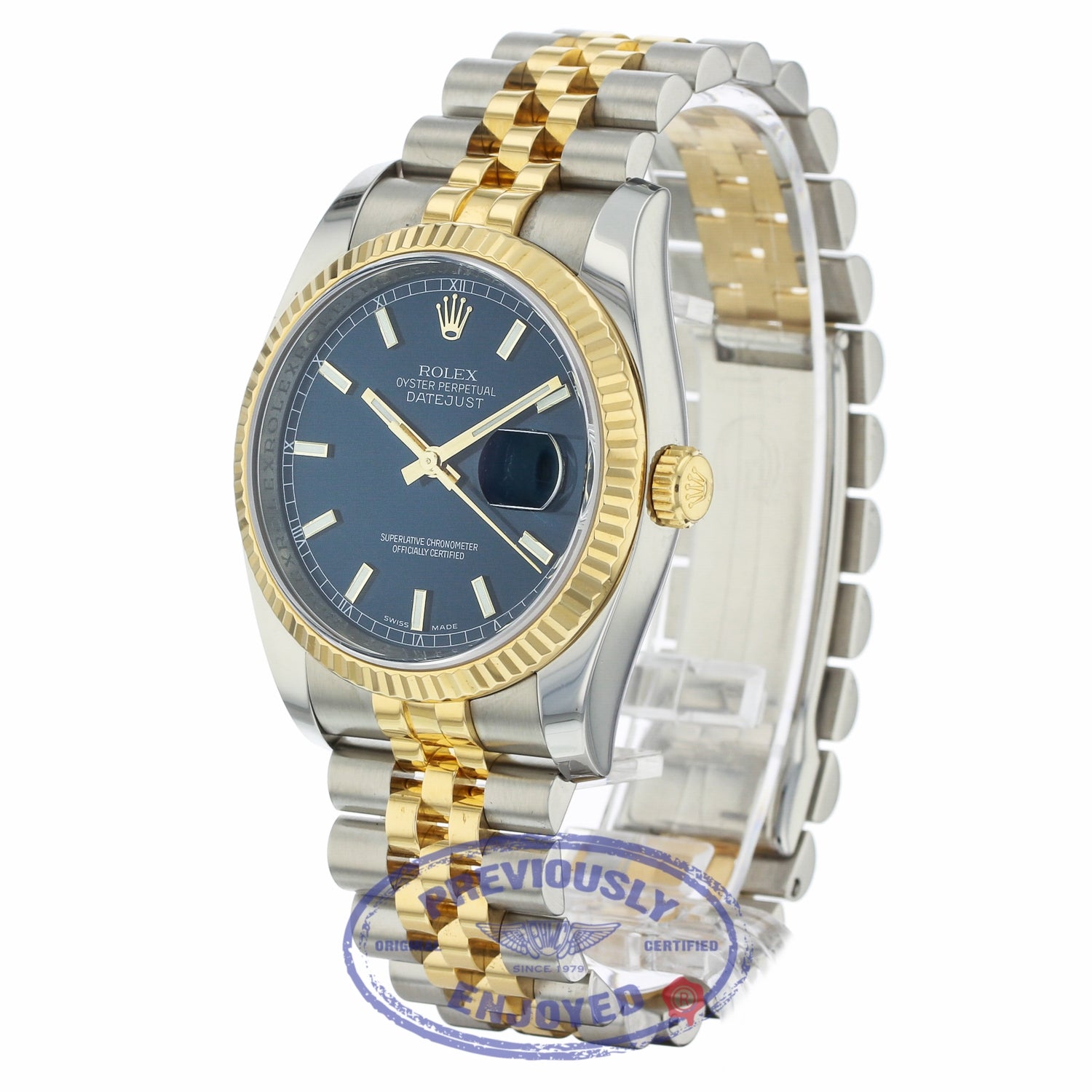 Rolex Datejust Automatic 36mm Stainless Steel 18k Yellow Gold Blue Dial Index Hour Markers Fluted Bezel Jubilee Bracelet 116233 99KA7J - Beverly Hills Watch