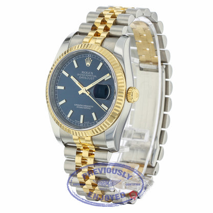 Rolex Datejust Automatic 36mm Stainless Steel 18k Yellow Gold Blue Dial Index Hour Markers Fluted Bezel Jubilee Bracelet 116233 99KA7J - Beverly Hills Watch