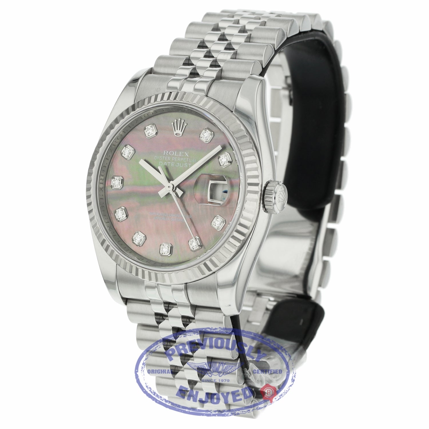 Rolex Datejust 36mm Stainless Steel White Gold Fluted Bezel Dark Mother of Pearl Diamond Dial 116234 JUDMH5 - Beverly Hills Watch