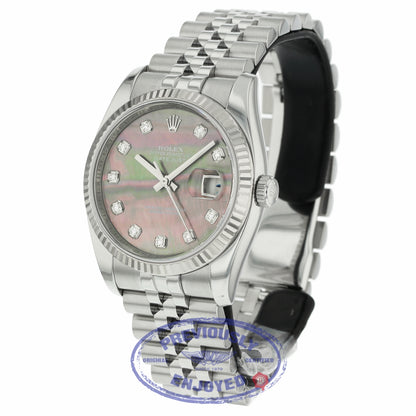 Rolex Datejust 36mm Stainless Steel White Gold Fluted Bezel Dark Mother of Pearl Diamond Dial 116234 JUDMH5 - Beverly Hills Watch