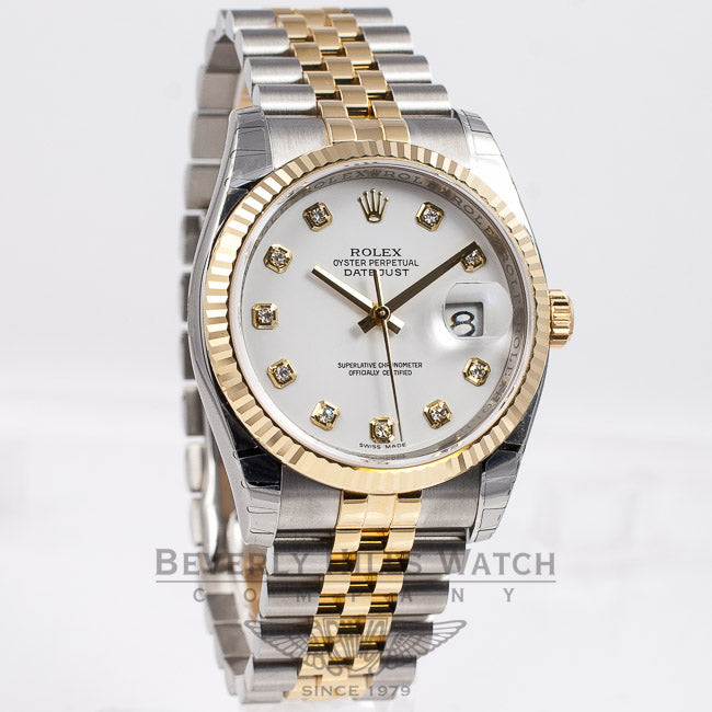 Rolex Datejust 36mm Stainless Steel and Yellow Gold jubilee Bracelet Fluted Bezel White Diamond Dial Watch 116233 Beverly Hills Watch Company Watch Store