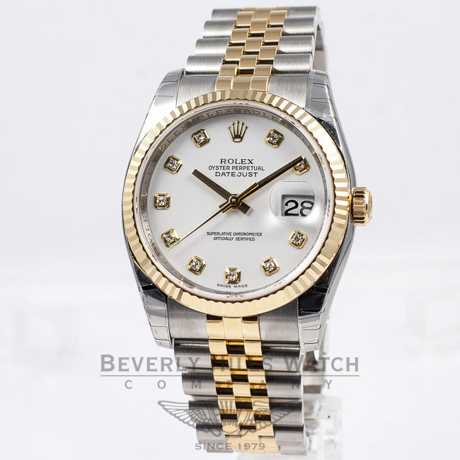 Rolex Datejust 36mm Stainless Steel and Yellow Gold jubilee Bracelet Fluted Bezel White Diamond Dial Watch 116233 Beverly Hills Watch Company Watch Store
