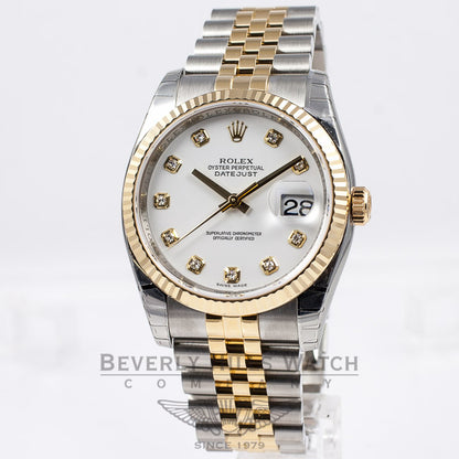 Rolex Datejust 36mm Stainless Steel and Yellow Gold jubilee Bracelet Fluted Bezel White Diamond Dial Watch 116233 Beverly Hills Watch Company Watch Store