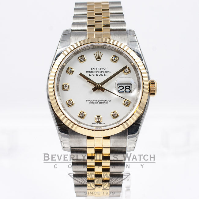 Rolex Datejust 36mm Stainless Steel and Yellow Gold jubilee Bracelet Fluted Bezel White Diamond Dial Watch 116233 Beverly Hills Watch Company Watch Store