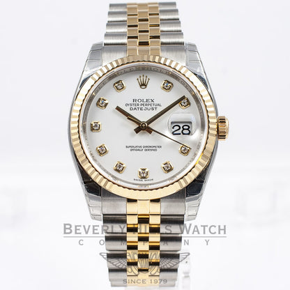 Rolex Datejust 36mm Stainless Steel and Yellow Gold jubilee Bracelet Fluted Bezel White Diamond Dial Watch 116233 Beverly Hills Watch Company Watch Store