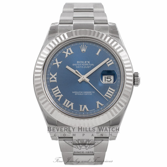 Rolex Datejust II 41mm Stainless Steel White Gold Fluted Bezel Blue Roman Dial 116334 - Beverly Hills Watch Company Watch Store