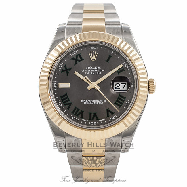 Rolex Datejust II 41mm Stainless Steel and Yellow Gold Oyster Bracelet Fluted Bezel Slate Roman Dial Watch 116333 QEQJNP Beverly Hills Watch Company Watch Store