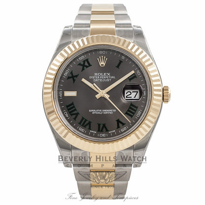 Rolex Datejust II 41mm Stainless Steel and Yellow Gold Oyster Bracelet Fluted Bezel Slate Roman Dial Watch 116333 QEQJNP Beverly Hills Watch Company Watch Store