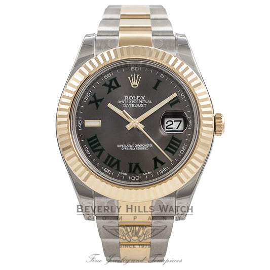 Rolex Datejust II 41mm Stainless Steel and Yellow Gold Oyster Bracelet Fluted Bezel Slate Roman Dial Watch 116333 QEQJNP Beverly Hills Watch Company Watch Store