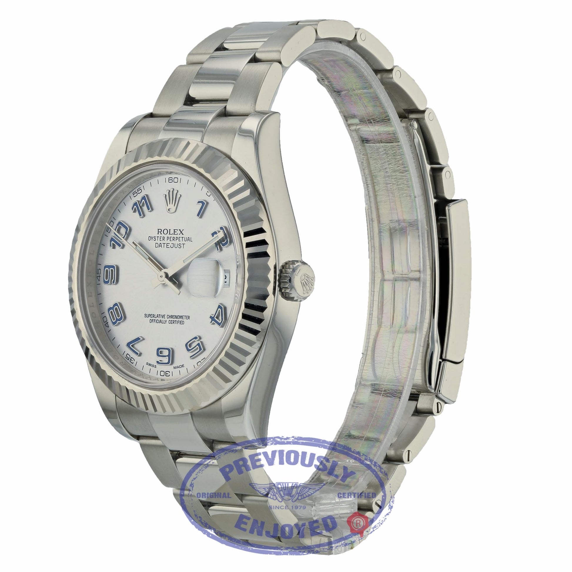 Rolex Datejust II 41mm White Gold Fluted Bezel Stainless Steel Silver Arabic Dial 116334 FFEVRJ- Beverly Hills Watch