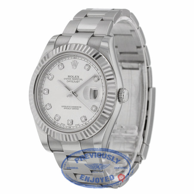 Rolex Datejust II 41MM 18k White Gold Fluted Bezel Silver Diamond Dial 116334 - Beverly Hills Watch