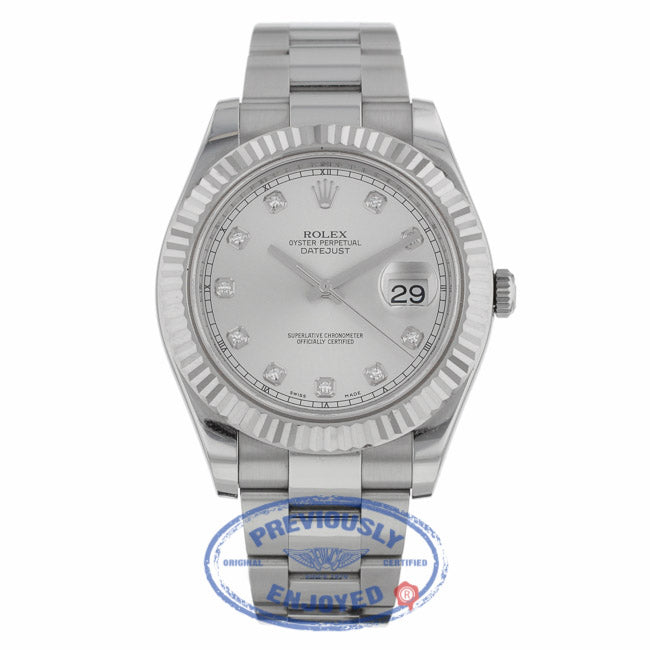 Rolex Datejust II 41MM 18k White Gold Fluted Bezel Silver Diamond Dial 116334 - Beverly Hills Watch