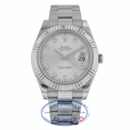 Rolex Datejust II 41MM 18k White Gold Fluted Bezel Silver Diamond Dial 116334 - Beverly Hills Watch