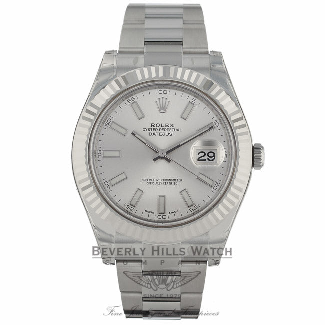 Rolex Datejust II 41mm Stainless Steel White Gold Fluted Bezel Oyster Bracelet Watch 116334 60NWTX - Beverly Hills Watch Company Watch Store