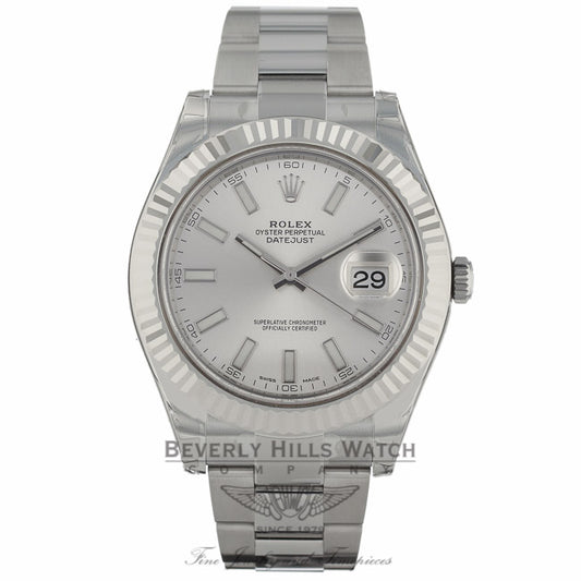 Rolex Datejust II 41mm Stainless Steel White Gold Fluted Bezel Oyster Bracelet Watch 116334 60NWTX - Beverly Hills Watch Company Watch Store