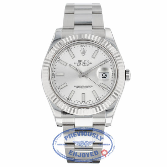 Rolex DayJust II 18k White Gold Fluted Bezel Oyster Perpetual Stainless Steel Silver Dial 116334 K8DX6U - Beverly Hills Watch Company
