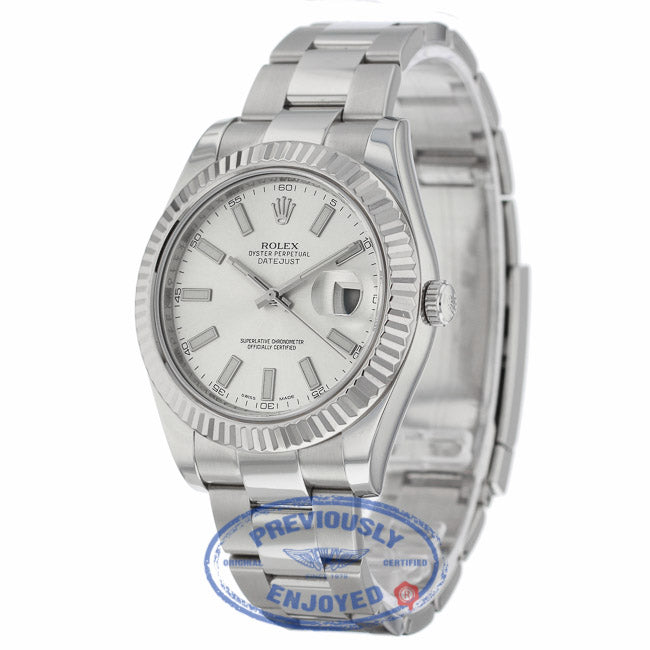 Rolex DayJust II 18k White Gold Fluted Bezel Oyster Perpetual Stainless Steel Silver Dial 116334 K8DX6U - Beverly Hills Watch Company