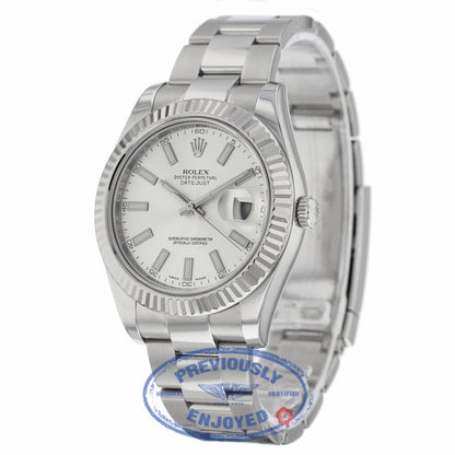Rolex DayJust II 18k White Gold Fluted Bezel Oyster Perpetual Stainless Steel Silver Dial 116334 K8DX6U - Beverly Hills Watch Company