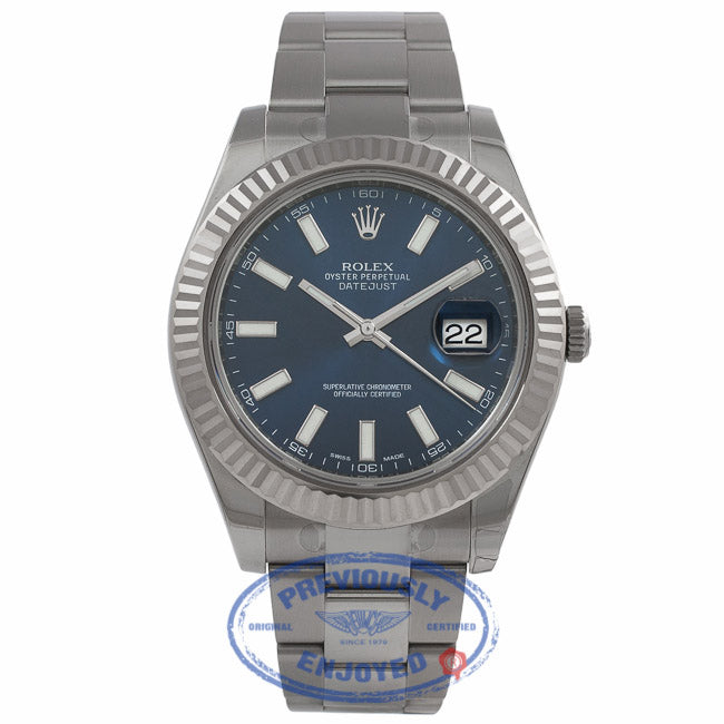 Rolex Datejust II 41mm Stainless Steel 18K White Gold Fluted Bezel Blue Dial 116334 77RKNL - Beverly Hills Watch Company Watch Store