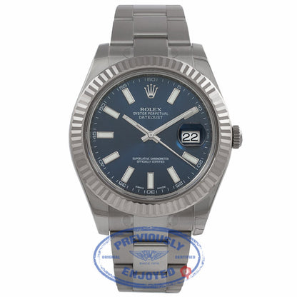 Rolex Datejust II 41mm Stainless Steel 18K White Gold Fluted Bezel Blue Dial 116334 77RKNL - Beverly Hills Watch Company Watch Store