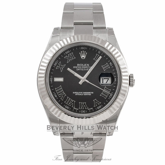 Rolex Datejust II 41mm Stainless Steel Oyster Bracelet White Gold Fluted Bezel Black Roman Dial Automatic Watch 116334 - 5E0HL1