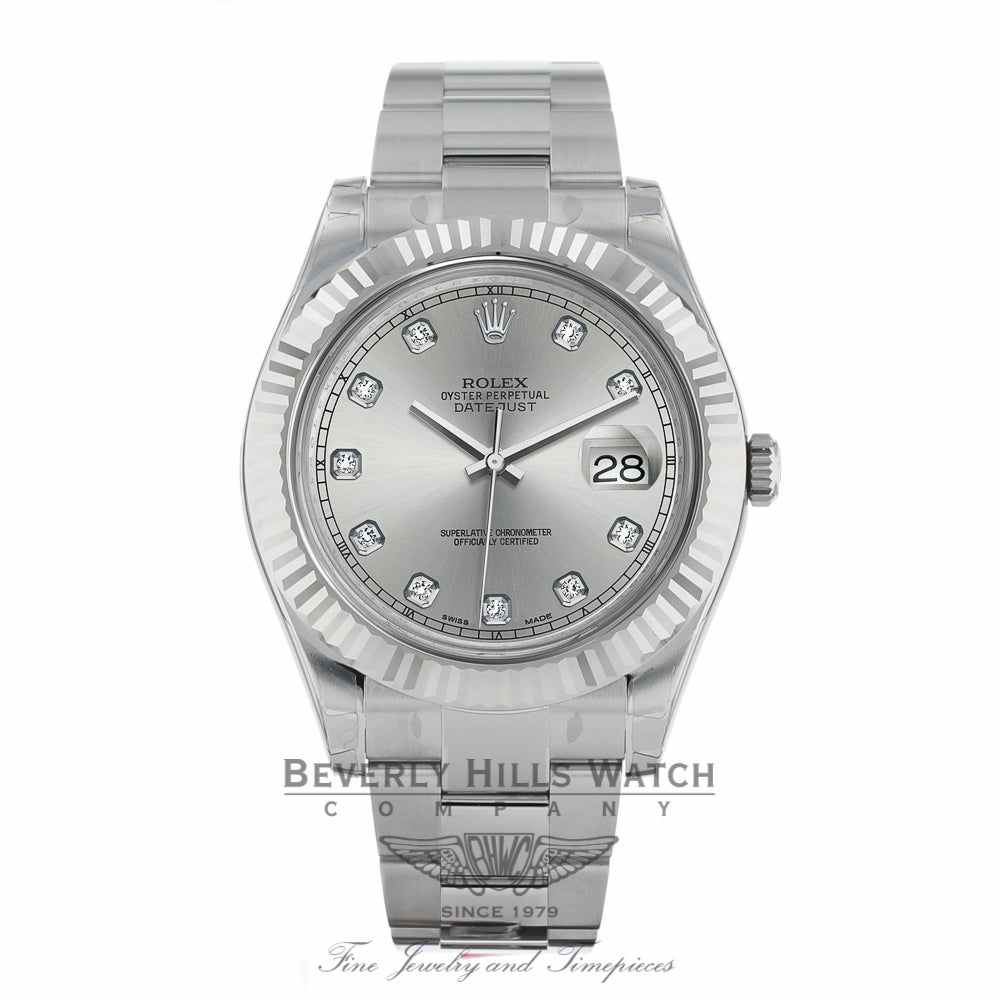 Rolex Datejust II 41MM 18k White Gold Fluted Bezel Slate Diamond Dial 116334 PUFZ5M - Beverly Hills Watch Company Watch Store