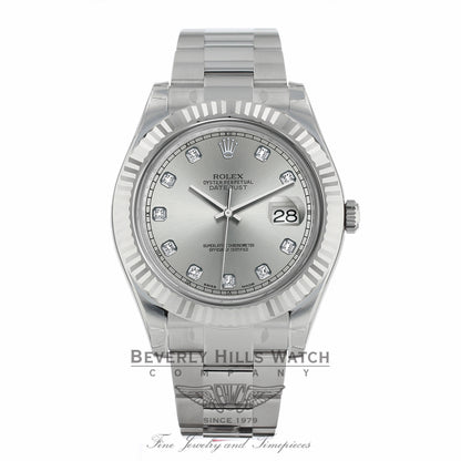 Rolex Datejust II 41MM 18k White Gold Fluted Bezel Slate Diamond Dial 116334 PUFZ5M - Beverly Hills Watch Company Watch Store
