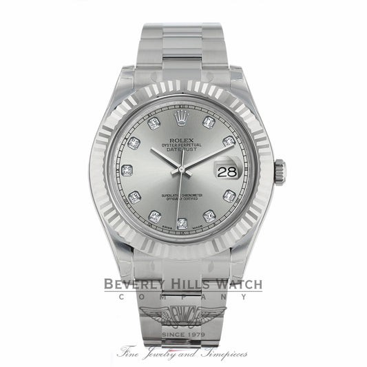 Rolex Datejust II 41MM 18k White Gold Fluted Bezel Slate Diamond Dial 116334 PUFZ5M - Beverly Hills Watch Company Watch Store