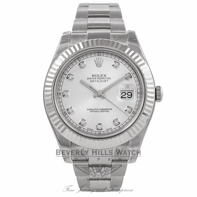 Rolex Datejust II 41MM Stainless Steel 18k White Gold Fluted Bezel Silver Diamond Dial 116334 50547T - Beverly Hills Watch Company Watch Store