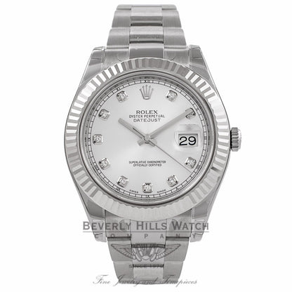 Rolex Datejust II 41MM Stainless Steel 18k White Gold Fluted Bezel Silver Diamond Dial 116334 50547T - Beverly Hills Watch Company Watch Store
