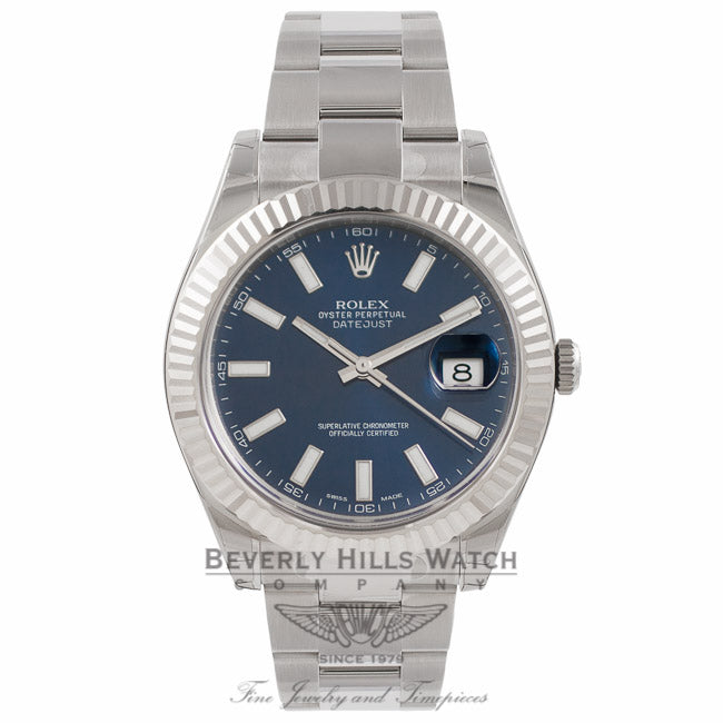 Rolex Datejust II 41mm Stainless Steel 18K White Gold Fluted Bezel Blue Dial 116334 3QHD5V - Beverly Hills Watch Company