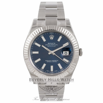 Rolex Datejust II 41mm Stainless Steel 18K White Gold Fluted Bezel Blue Dial 116334 3QHD5V - Beverly Hills Watch Company