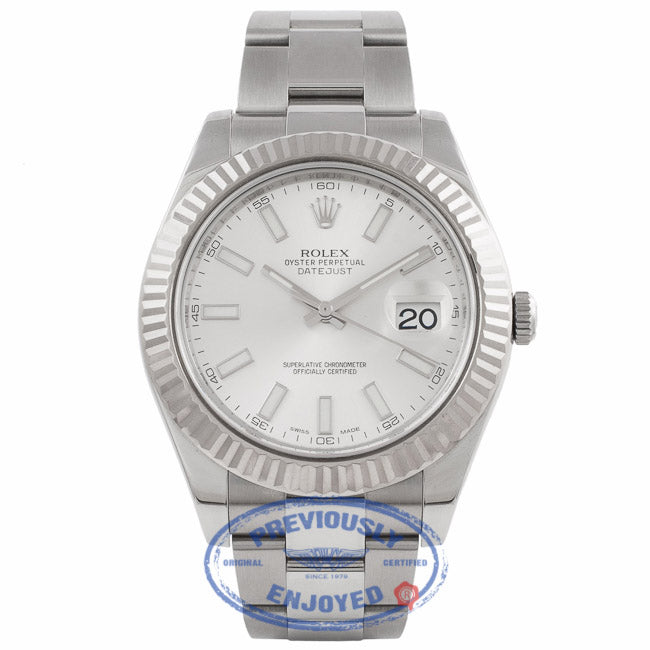 Rolex DayJust II 18k White Gold Fluted Bezel Oyster Perpetual Stainless Steel Silver Dial 116334 YHFV3Q - Beverly Hills Watch Company