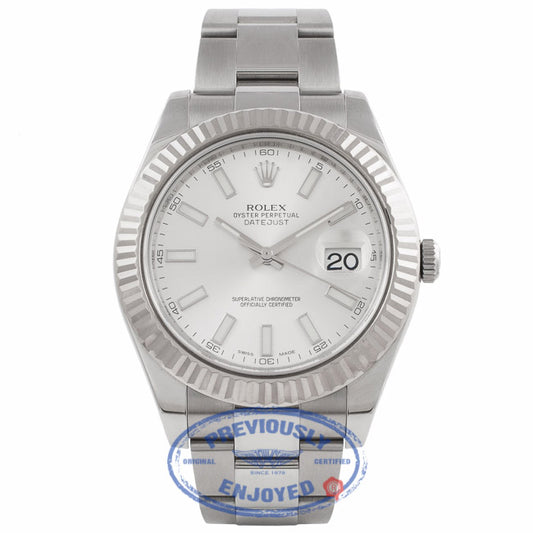 Rolex DayJust II 18k White Gold Fluted Bezel Oyster Perpetual Stainless Steel Silver Dial 116334 YHFV3Q - Beverly Hills Watch Company