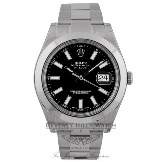 Rolex DateJust II Stainless Steel Black Dial Oyster Perpetual 41mm Polished Smooth Bezel Index Markers 116300 VNHW0C - Beverly Hills Watch Company