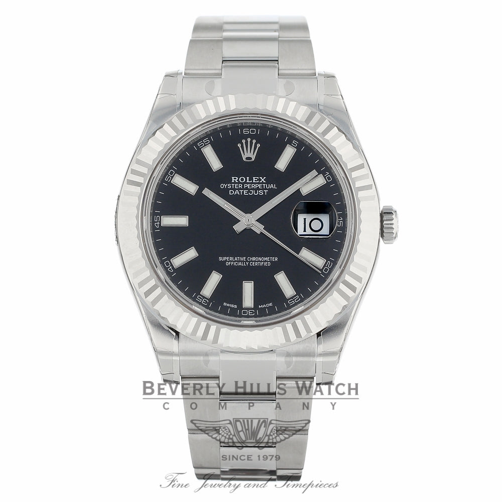 Rolex Datejust II 41mm Black Stick Dial Stainless Steel White Gold Fluted Bezel Oyster Bracelet 116334 EXNYFM - Beverly Hills Watch