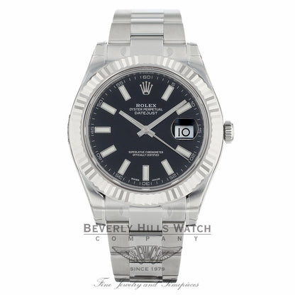 Rolex Datejust II 41mm Black Stick Dial Stainless Steel White Gold Fluted Bezel Oyster Bracelet 116334 EXNYFM - Beverly Hills Watch