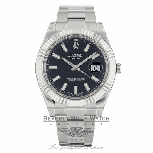 Rolex Datejust II 41mm Black Stick Dial Stainless Steel White Gold Fluted Bezel Oyster Bracelet 116334 EXNYFM - Beverly Hills Watch