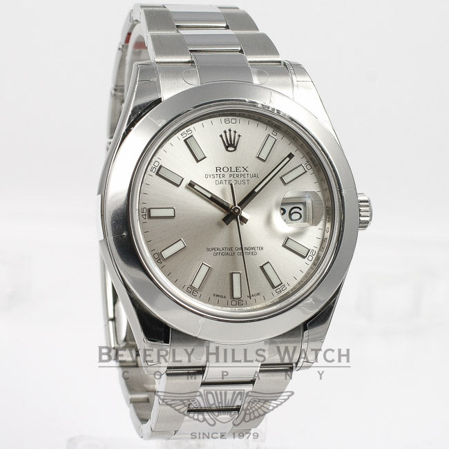 Rolex Datejust II 41mm Stainless Steel Oyster Bracelet Smooth Bezel Silver Stick Dial Watch 16300 Beverly Hills Watch Company Watches