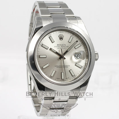 Rolex Datejust II 41mm Stainless Steel Oyster Bracelet Smooth Bezel Silver Stick Dial Watch 16300 Beverly Hills Watch Company Watches