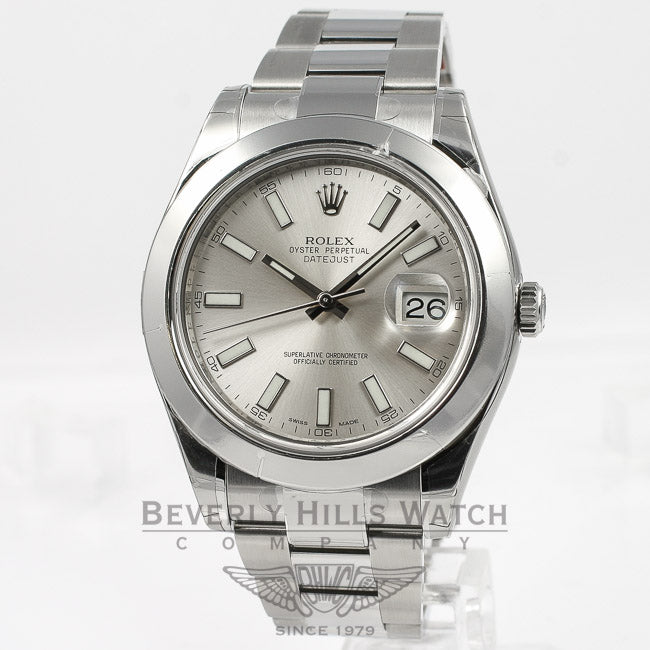 Rolex Datejust II 41mm Stainless Steel Oyster Bracelet Smooth Bezel Silver Stick Dial Watch 16300 Beverly Hills Watch Company Watches